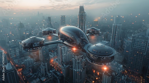 Futuristic cityscape with flying cars photo