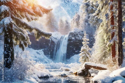Magic forest during snow storm; frozen waterfall; realistic; sunshine