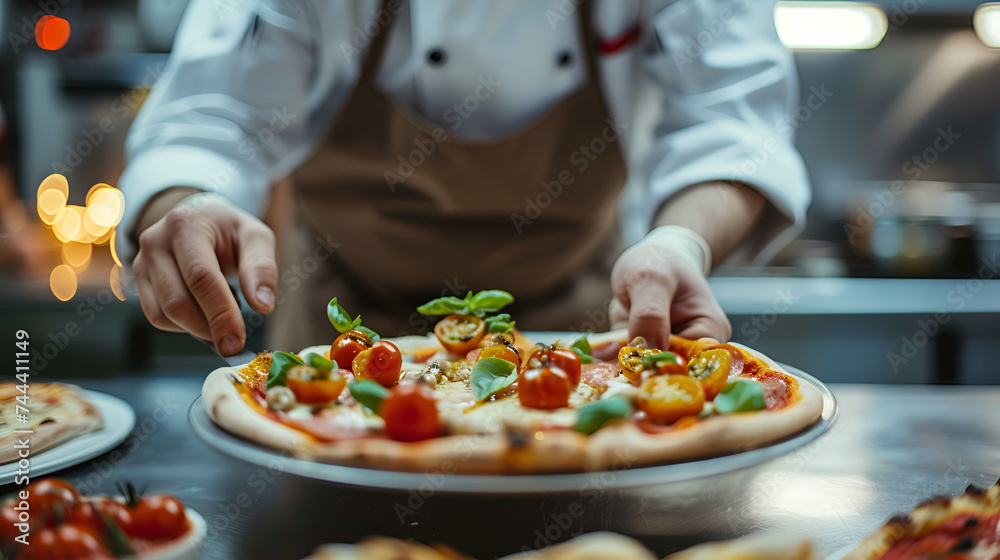 Professional Chef Preparing Pizza in the Modern Kitchen, Gourmet Cooking Experience, Culinary Artistry and Food Presentation, Restaurant Chef at Work, Delicious Homemade Pizza Making, Generative AI

