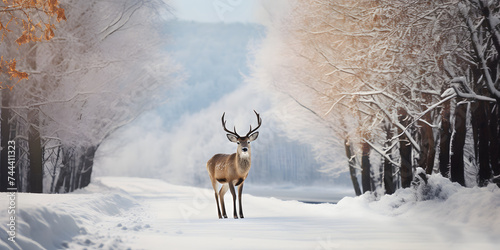 Deer Standing on a Snowy Road. Noble Deer with Winter Landscape © Resdika