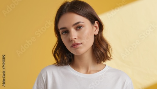 Young woman in white shirt mockup on yellow background.