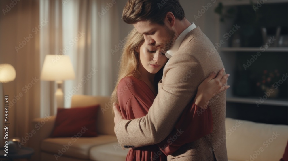 A compassionate loving husband, hugging and supporting a frustrated, sick wife at home. Bad News, Mental Disorders, Stress and Depression, Illness, Difficult moments of Life concepts. A compassionate loving husband, hugging and supporting a frustrated, sick wife at home. Bad News, Mental Disorders, Stress and Depression, Illness, Difficult moments of Life concepts.
