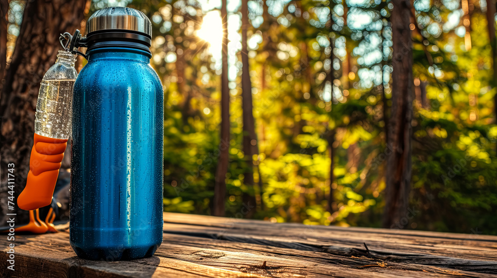 Transparent water bottle, sleek and essential, epitomizing hydration and environmental responsibility. - obrazy, fototapety, plakaty 