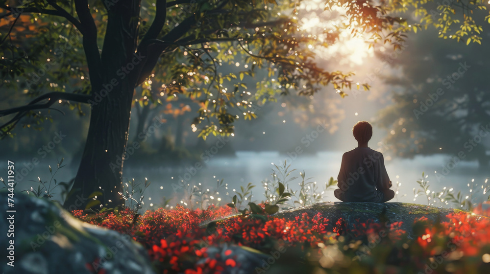An individual meditates peacefully on a rock amidst vibrant flora, with the sunrise filtering through trees. An individual meditates peacefully on a rock amidst vibrant flora, with the sunrise filtering through trees.