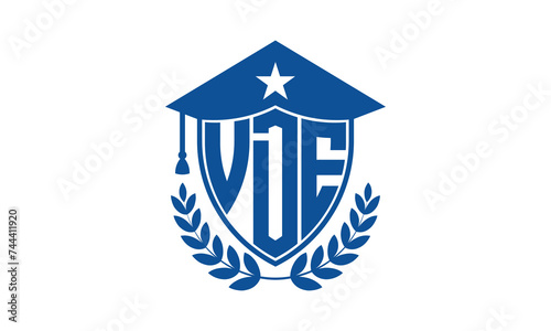 VDE three letter iconic academic logo design vector template. monogram, abstract, school, college, university, graduation cap symbol logo, shield, model, institute, educational, coaching canter, tech photo