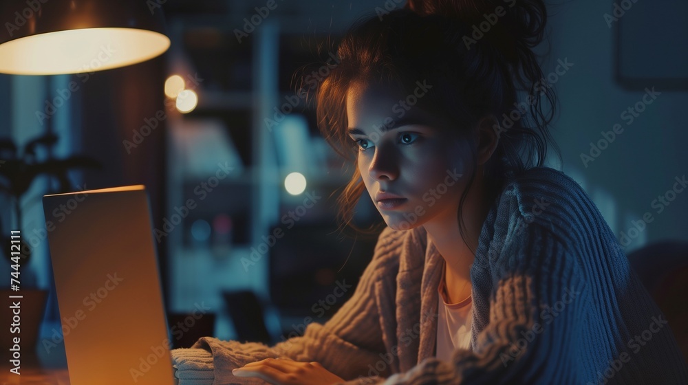 realistic photo of a woman sitting at her laptop computer in a room realistic photo of a woman sitting at her laptop computer in a room