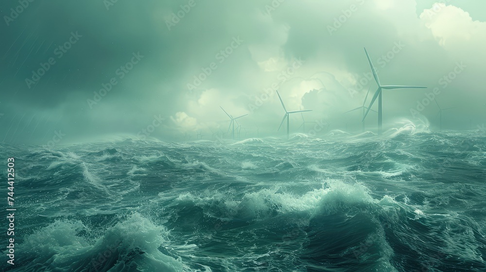 Offshore wind turbines standing strong amidst the gentle waves, a testament to renewable energy's potential - obrazy, fototapety, plakaty 