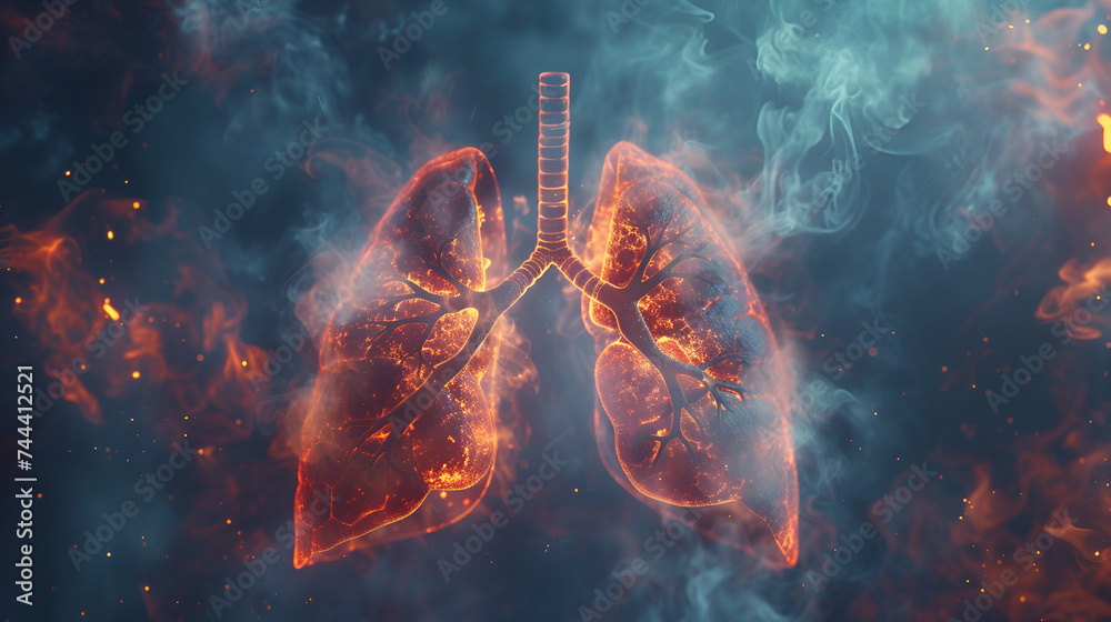 Unhealthy lungs due to smoking inhalation and environmental factors, deteriorating respiratory health. Witness the consequences of tobacco use and pollution, Generative AI.

 - obrazy, fototapety, plakaty 