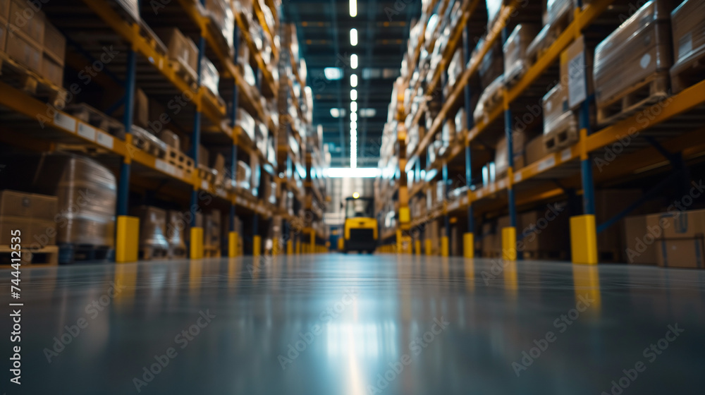 A ground-level perspective captures the gleaming, spotless floor of a warehouse, with a blurred background of fully stocked shelves and a forklift