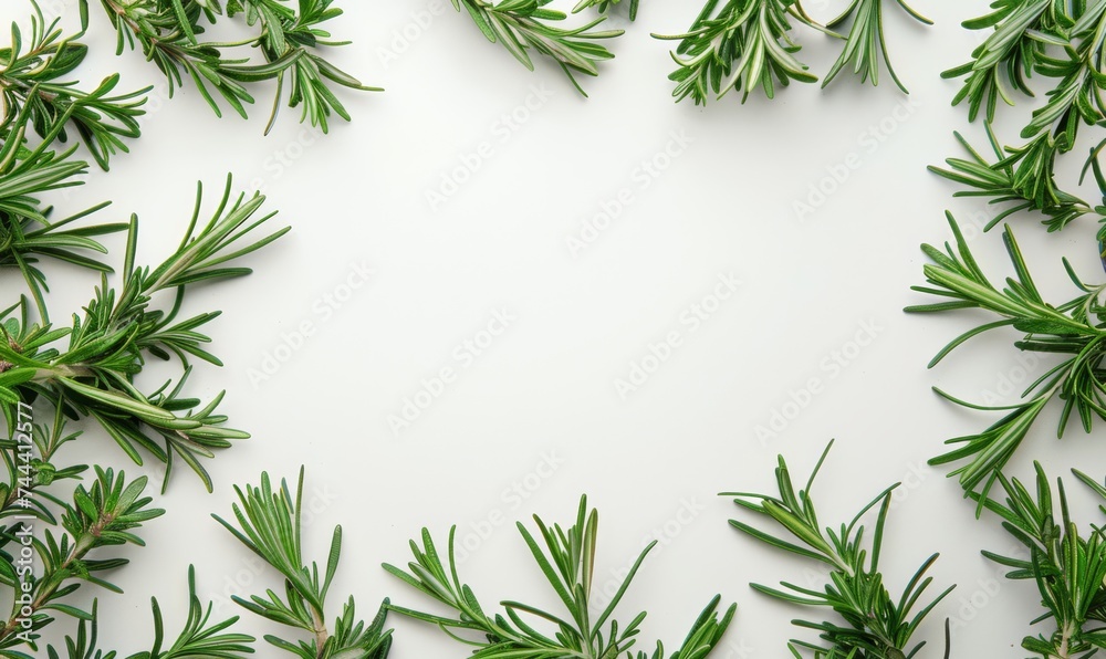 Fresh rosemary herbs arranged on the sides with blank white copy space in the middle of the card