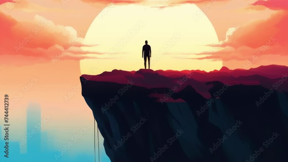 A person standing at the edge of a cliff looking out with a sense of awe and wonder. Psychology art concept. .