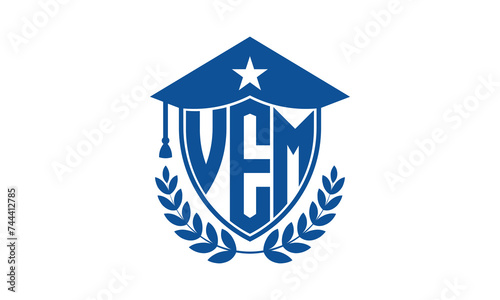 VEM three letter iconic academic logo design vector template. monogram, abstract, school, college, university, graduation cap symbol logo, shield, model, institute, educational, coaching canter, tech