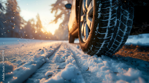Winter tire with detail of car tires in snowy conditions, enhancing road safety and performance in cold weather, Generative Ai.

