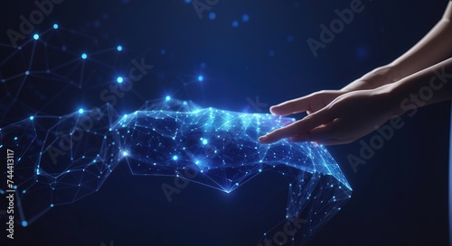 Female hand interacts with a digital network interface hologram dot connection