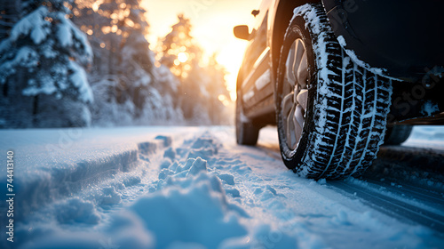 Winter tire with detail of car tires in snowy conditions, enhancing road safety and performance in cold weather, Generative Ai.

