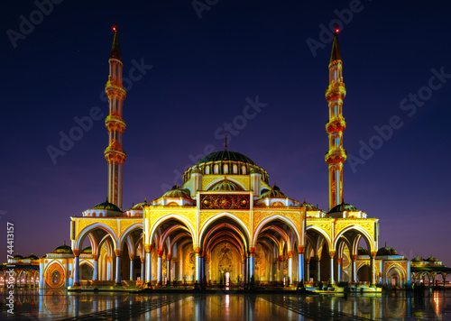 Spectacular View of Illuminated Mosque in Sharjah Light Festival 