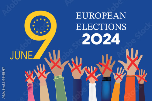 European elections 2024 in language English. People raising hands. Cross check marks and European Flag Background with Stars. flat vector illustration.