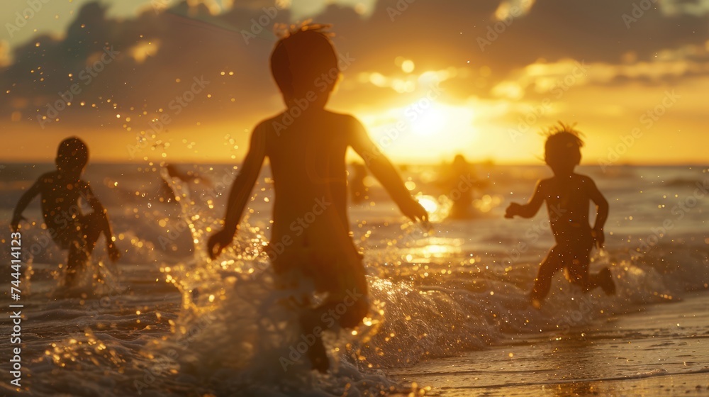 back of happy kids playing on beach,Children and the sea during sunset