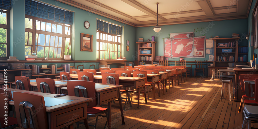 Obraz premium Empty Classroom Interior with Desks and Chairs. Cartoon Classroom Illustration