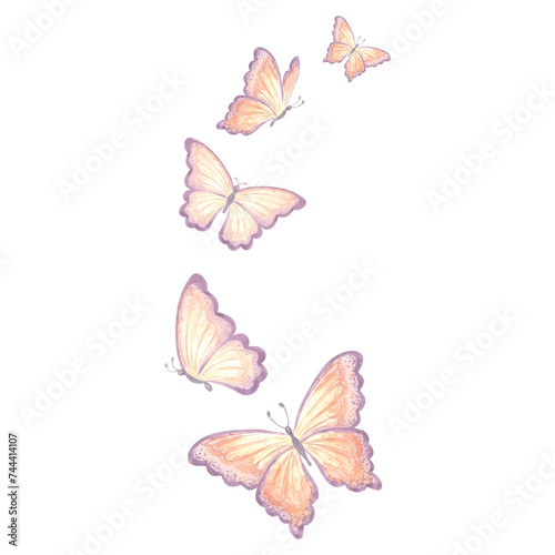 Watercolor flying butterflies delicate peach fuzz color. Isolated hand drawn illustration spring exotic wild insect. Template drawing for card, packaging, tableware, textile and sticker, embroidery.