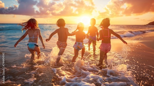 back of happy kids playing on beach,Children and the sea during sunset