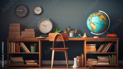 Back to school. Children's bedroom with a wooden desk, books, 