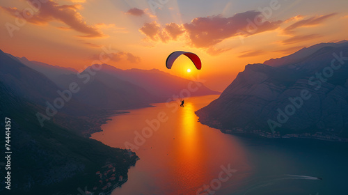 Skydiver flying gracefully over the tranquil water at sunset, with majestic mountains in the backdrop, creating a mesmerizing scene., Generative AI

