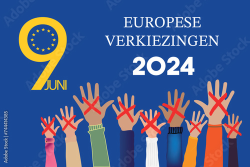 Netherlands Europese VERKIEZINGEN. European elections 2024 in language Dutch. People raising hands. Cross check marks and European Flag Background with Stars. flat vector illustration.