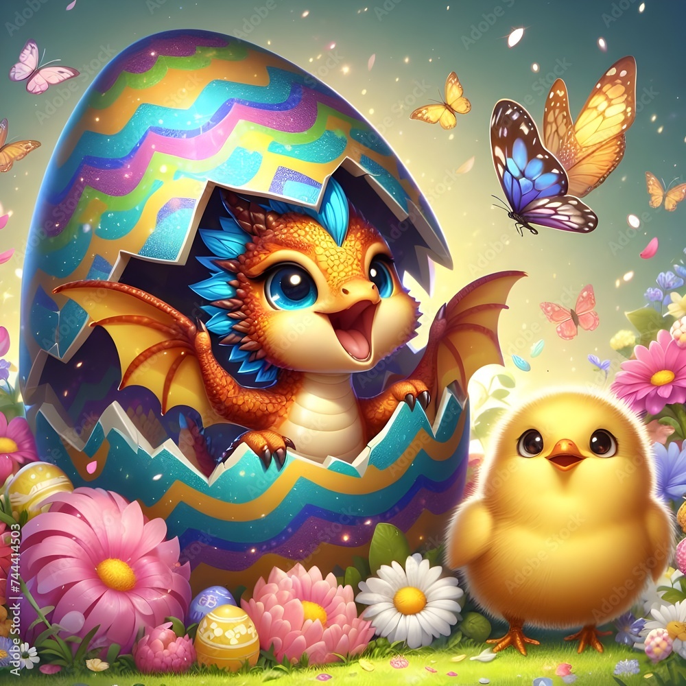 Naklejka premium A dragon hatching from an Easter egg with mini easter eggs flying surrounded by broken eggshell pieces, generative AI