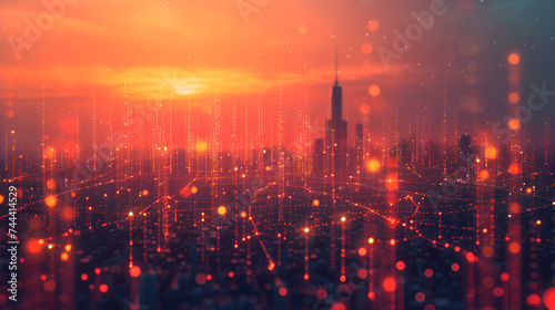 Smart city infrastructure and abstract dot points connect with gradient, facilitating urban growth and innovation, powered by Generative AI.