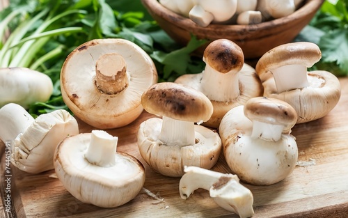 Closeup of champignon mushroom on cutting board
