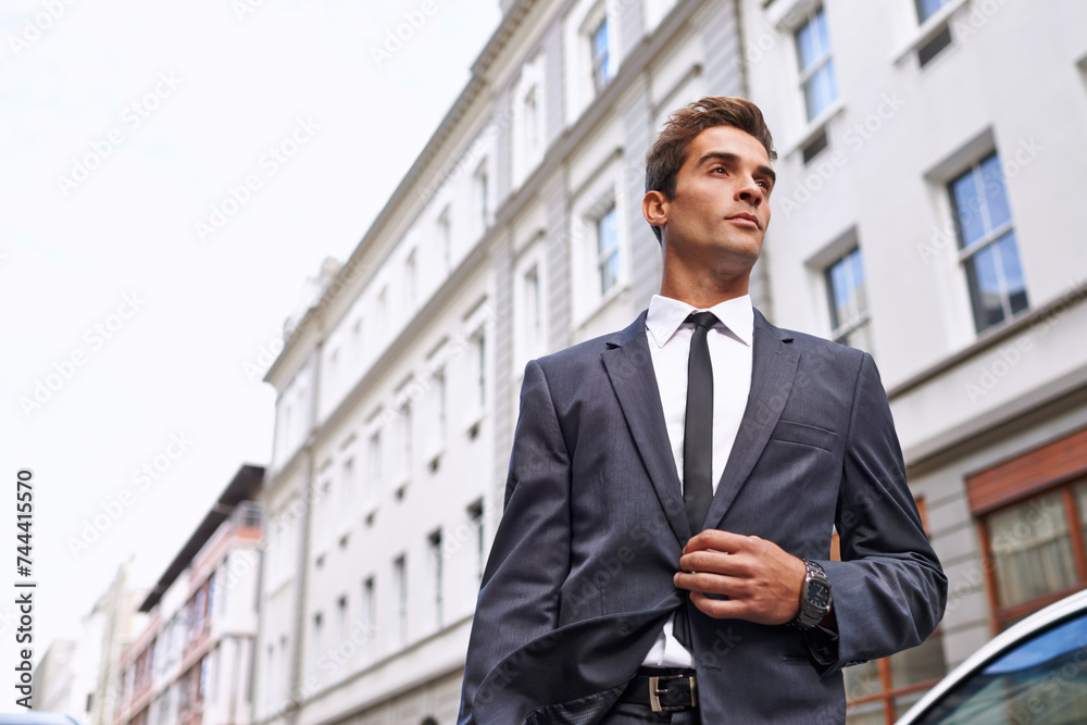 Businessman, buildings and vision for travel to job, corporate or company in city. Professional man, suit and tie with confidence outdoors for idea, thinking and planning in Australia from low angle Businessman, buildings and vision for travel to job, corporate or company in city. Professional man, suit and tie with confidence outdoors for idea, thinking and planning in Australia from low angle