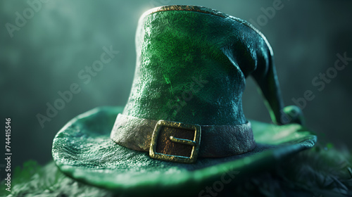St. Patrick's Day leprechaun hat surrounded by vibrant green clovers and golden coins, bringing luck and charm to the festivities, Generative Ai