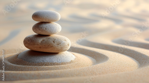 Zen stones artfully balanced on sand  embodying harmony and tranquility  a serene display of balance and peace  Generative Ai.  