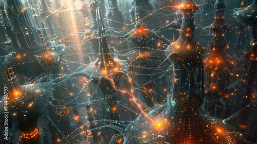 A surreal depiction of a city powered by artificial intelligence, with glowing neural pathways crisscrossing between futuristic buildings