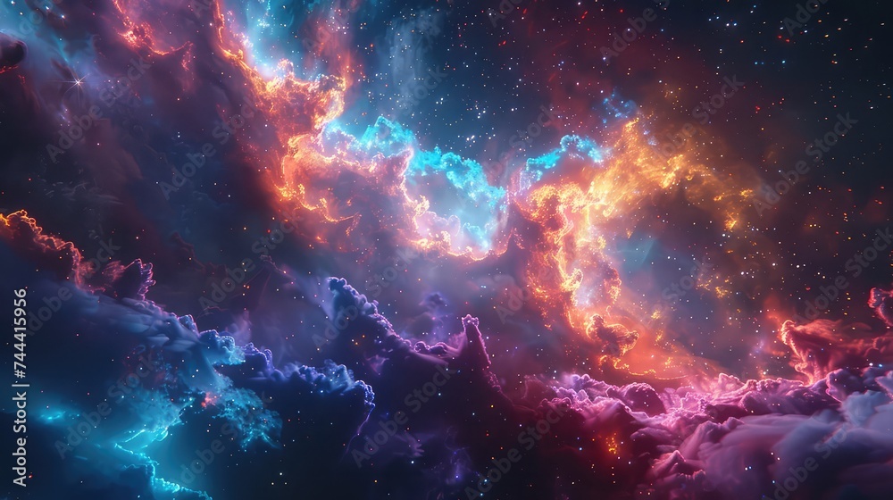 Vibrant celestial scenes showcasing the intersection of quantum mechanics and cosmic wonders, with colorful nebulae and intricate fractal patterns