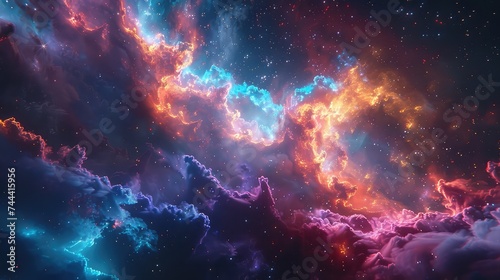 Vibrant celestial scenes showcasing the intersection of quantum mechanics and cosmic wonders, with colorful nebulae and intricate fractal patterns © jamrut