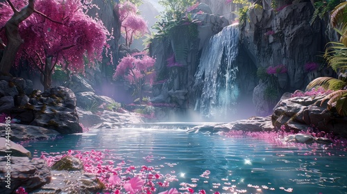 A serene digital landscape with glowing flora, crystalline waterfalls, and avatars engaged in immersive virtual experiences