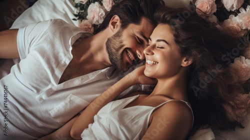 Close-up of a beautiful Happy contented couple lying in bed, hugging, chatting, laughing. Family Life, Love, Lifestyle, Positive Emotions concepts.