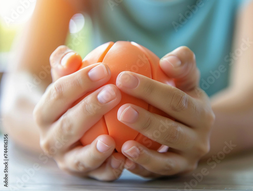 person's hands tightly gripping a stress ball, focus on the tension in the fingers, the ball's texture, set against a blurred background of an anxiety-relief clinic