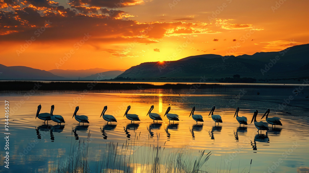 Pelicans in a lake in Denizli, Turkey.