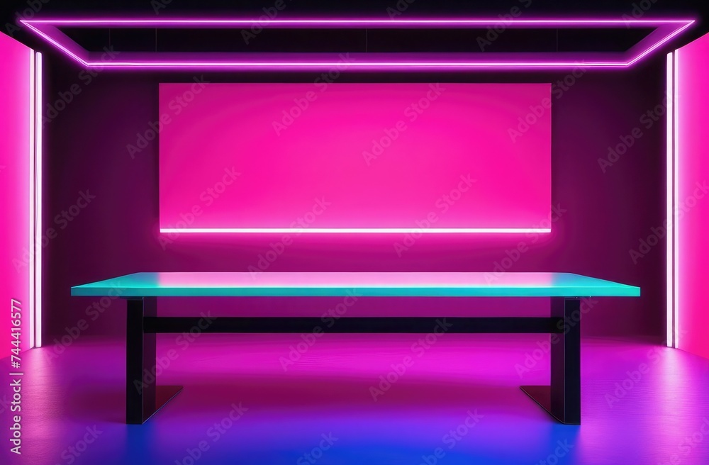 empty table in neon lights background for promotional products, product advertising. Blank table empty table in neon lights background for promotional products, product advertising. Blank table