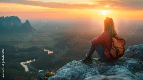 Young woman sitting on a ledge of a mountain and enjoying the beautiful sunset A scene featuring a solitary mountaineer enjoying a cup of tea or coffee while sitting on a mountain ledge generative ai