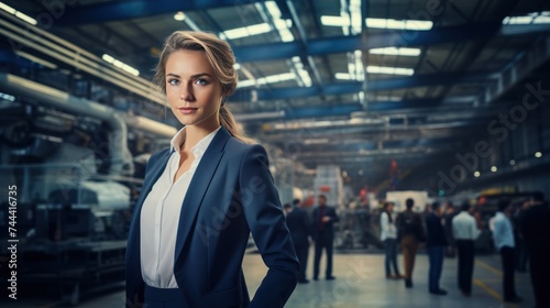 Businesswoman in a modern factory hall 