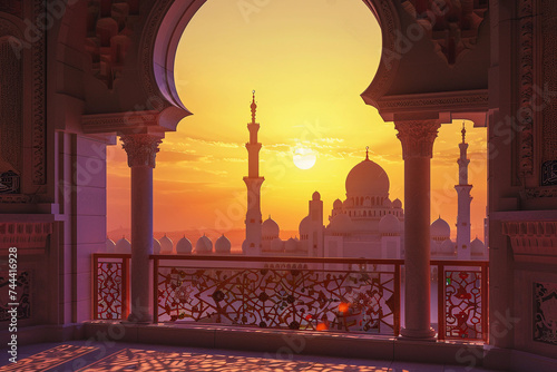traditional Islamic dome with intricate arabesque patterns, minarets in the background
