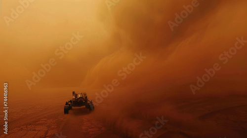 Curiosity rover caught in the midst of a Martian dust storm, with swirling red dust enveloping the rover, creating a mysterious atmosphere