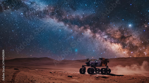 Curiosity rover under a star-filled Martian night sky, with the Milky Way clearly visible and a sense of isolation