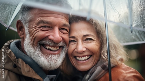 Happy mature man and woman smiling under umbrella 