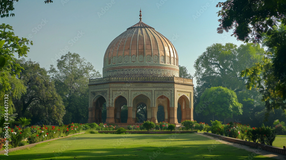 dome, with a copper finish, set against a clear blue sky during midday, sunlight reflecting off its surface, surrounded by a lush green park
