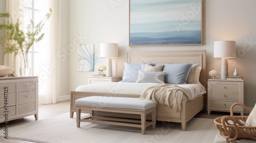 Chic Coastal-inspired Bedroom with Soft Sandy Beige Walls and Seaside Tranquility Create a chic coastal-inspired bedroom with soft sandy beige walls © Abdul